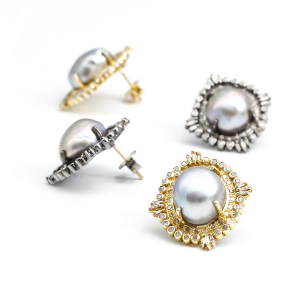 14K Gold Pearl Diamond Studs