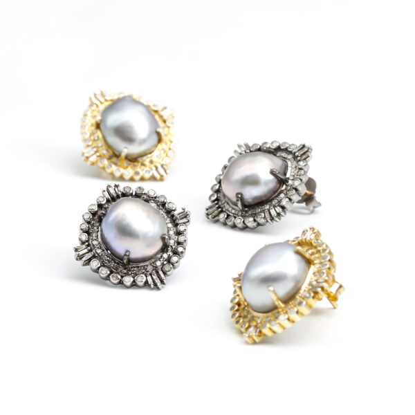 14K Gold Pearl Diamond Studs