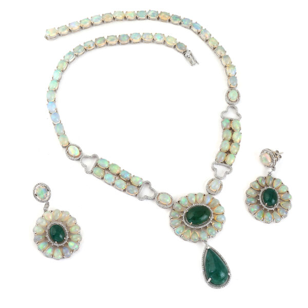 14K White Gold Opal Emerald Necklace