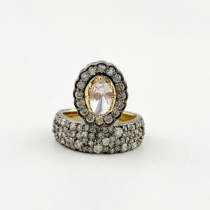 Sterling Silver Diamond Polki Halo Ring Two-Tone Black Rhodium Statement Cocktail Ring