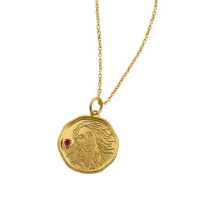 Sterling Silver Gold-Plated Coin Pendant Necklace with Ruby Accent | Vintage Portrait Charm Necklace
