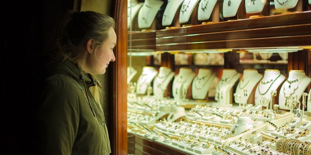 Girl looking at Jewelry